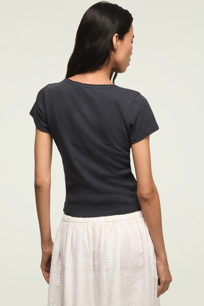 [167405-410] WOMENS LUCKY BRAND CROCHET TRIM SHORT SLEEVE HENLEY - INDIA INK