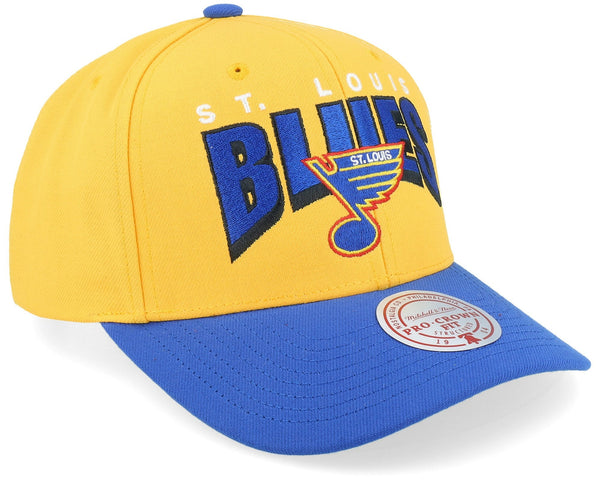 MENS MITCHELL & NESS NHL BOOM TEXT PRO SNAPBACK VNTG BLUES - YELLOW