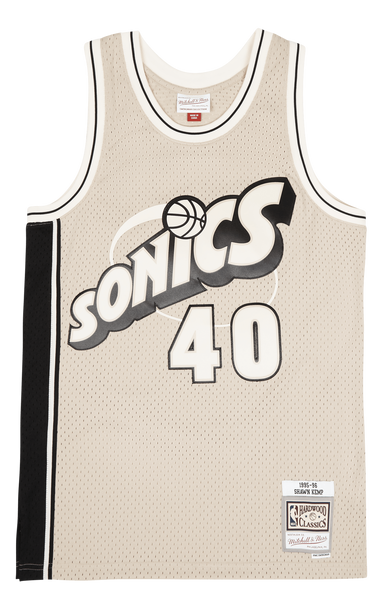 MENS MITCHELL & NESS KHAKI BLACK SWINGMAN JERSEY SUPERSONICS 1995 SHAWN KEMP