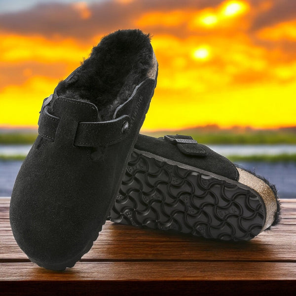 [259881] MENS BIRKENSTOCK BOSTON SHEARLING BLACK SUEDE LEATHER (REGULAR WIDTH)