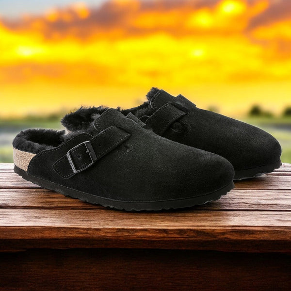 [259881] MENS BIRKENSTOCK BOSTON SHEARLING BLACK SUEDE LEATHER (REGULAR WIDTH)