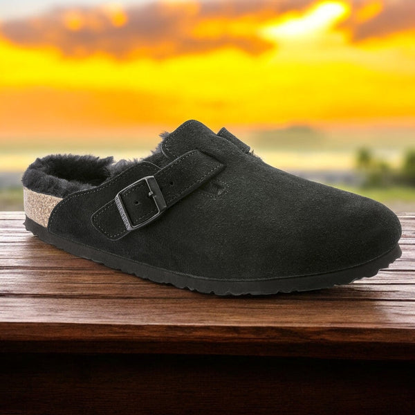 [259881] MENS BIRKENSTOCK BOSTON SHEARLING BLACK SUEDE LEATHER (REGULAR WIDTH)