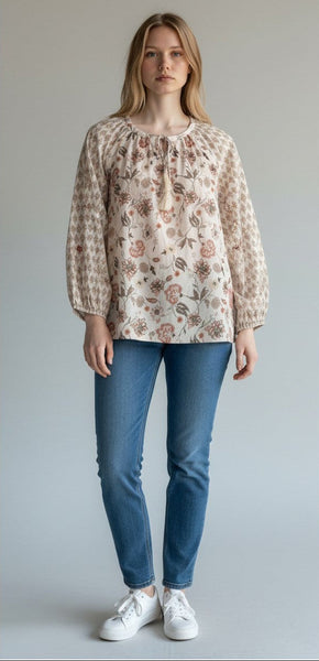 [161655-690] WOMENS LUCKY BRAND NOTCH NECK BLOUSE - PINK MULTI