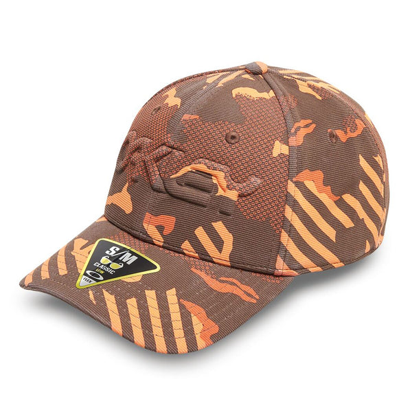 [912208-9YW] MENS OAKLEY 6 PANEL STRETCH HAT EMBOSSED - ORANGE STRIPE/GRIP CAMO