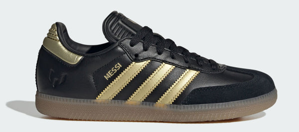 [JR6349] Grade School Adidas SAMBA INDOOR 'CORE BLACK GOLD METALLIC GUM'
