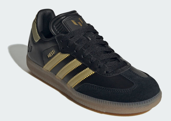 [JR6349] Grade School Adidas SAMBA INDOOR 'CORE BLACK GOLD METALLIC GUM'