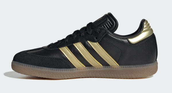 [JR6349] Grade School Adidas SAMBA INDOOR 'CORE BLACK GOLD METALLIC GUM'