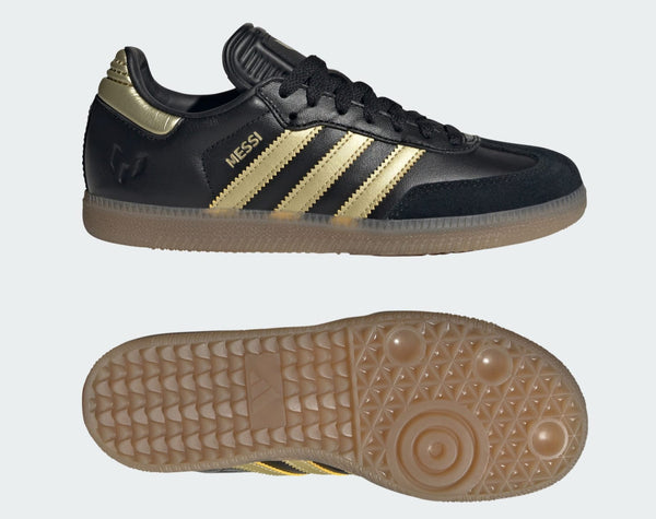 [JR6349] Grade School Adidas SAMBA INDOOR 'CORE BLACK GOLD METALLIC GUM'