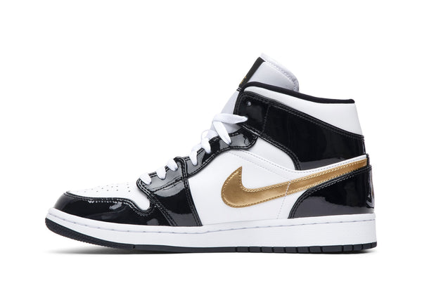 [852542-007] Mens Air Jordan Retro 1 Mid 'Patent Black White Gold'