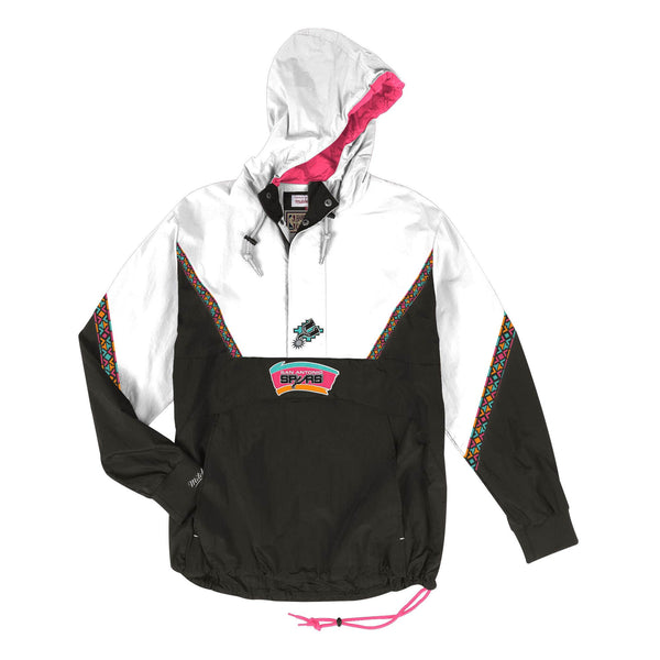 [HFZPMG18020-SASBLCK1] Mens Mitchell & Ness NBA Half Zip Anorak Patterned San Antonio Spurs